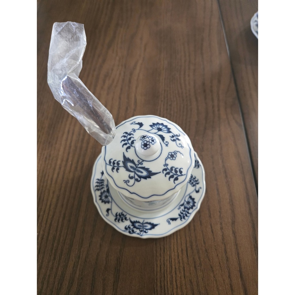 Japan Blue Danube Mustard Condiment Pot with Lid Saucer and Spoon Blue Onion Vtg